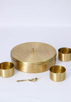 Hammered Pattern Handcrafted Brass Masala/Spice Box Set With Spoon Container 90 ML-Food Spice Storage Rack Indian Boxes Dani Dabba For Kitchen (8-INCH)