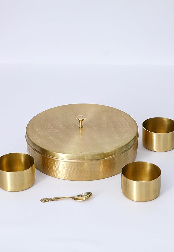 Hammered Pattern Handcrafted Brass Masala/Spice Box Set With Spoon Container 90 ML-Food Spice Storage Rack Indian Boxes Dani Dabba For Kitchen (8-INCH)
