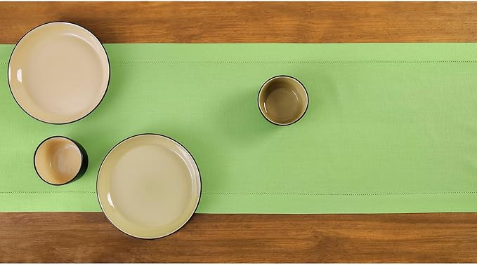 Solino Home Cotton Linen Table Runner 120 Inches Long - Hemstitch Apple Green Dining Table Runner 14 x 120 Inch for Summer