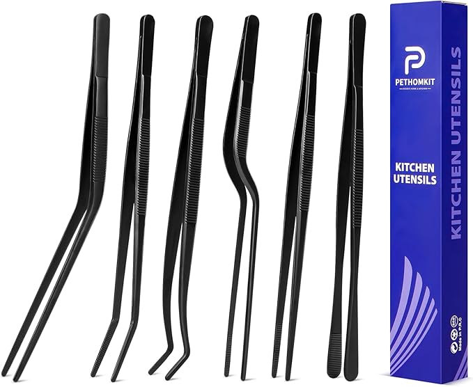 Kitchen Tweezer Tongs Set,6 Pcs Kitchen Tweezers,8" Cooking Tweezers Set,Stainless-Steel Food Chef Culinary Tweezers Tongs for Baking Decorating Feeding Plating,Black