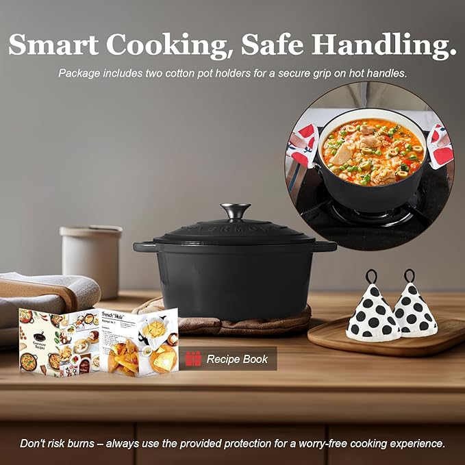 Overmont Enameled Cast Iron Dutch Oven - 5.5QT Pot with Lid Cookbook & Cotton Potholders - Heavy-Duty Cookware for Braising, Stews, Roasting, Bread Baking Graphite Gray