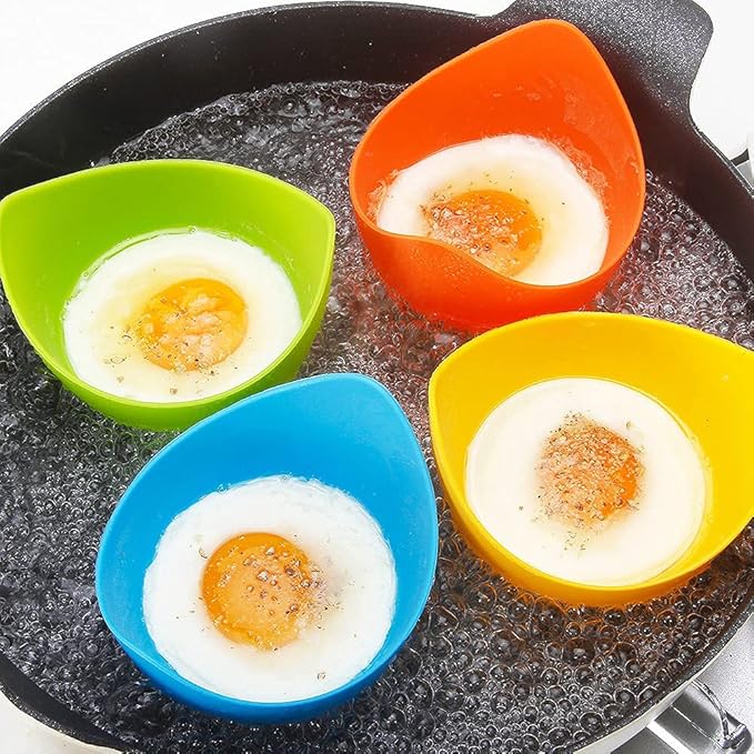 Silicone Egg Poacher Cups with Ring Standers, Egg Boiler Mold Cup for Microwave Air Fryer Stovetop Cooking, Non-Stick, BPA-free, Set of 4