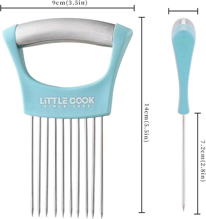 Onion Slicer Cutter, Little Cook Stainless Steel Onion Holder for Slicing and Storage of Onions, Avocados, tomato, Eggs, Dishwasher Safe, Protective Cover Included (Stylish Peapock blue)