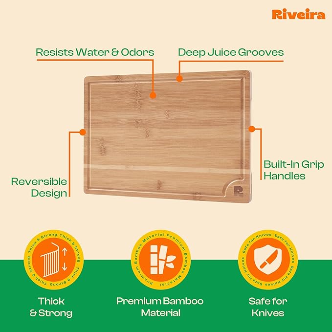 Riveira Brown Bamboo Wood Cutting Board – Gourmet Bamboo Grandeur: 18 x 12 Wooden Cutting Board – Wooden Cutting Boards For Kitchen Decorative – Innovative Juice Grooves Wooden Chopping Board
