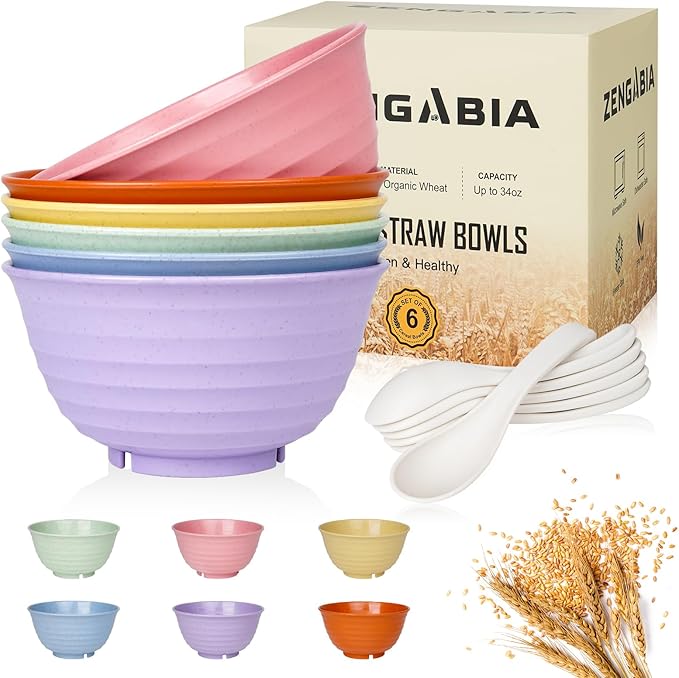 Cereal Bowls, 34 Oz Large Wheat Straw Dinnerware Sets of 6 with Spoon, Unbreakable Plastic Soup Bowls Reusable Microwave Dishwasher Safe for Salad Noodle Kitchen Breakfast, Multicolor