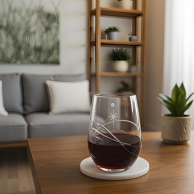 SHOSHIN Hand-Cut Space Pattern Stemless Wine Glasses 18 Oz, 4-Pack - Lead-Free Crystal, Dishwasher Safe & Artisan Engraved Design for Modern Entertaining