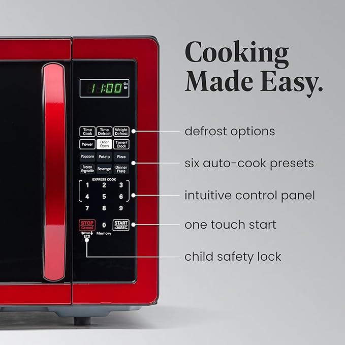 Farberware Countertop Microwave 1000 Watts, 1.1 cu ft - Microwave Oven With LED Lighting and Child Lock - Perfect for Apartments and Dorms - Easy Clean Metallic Red
