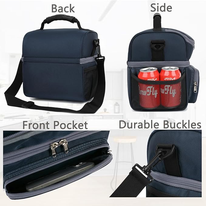 FlowFly Double Layer Cooler Insulated Lunch Bag Adult Lunch Box Large Tote Bag for Men, Women, With Adjustable Strap,Front Pocket and Dual Large Mesh Side Pockets