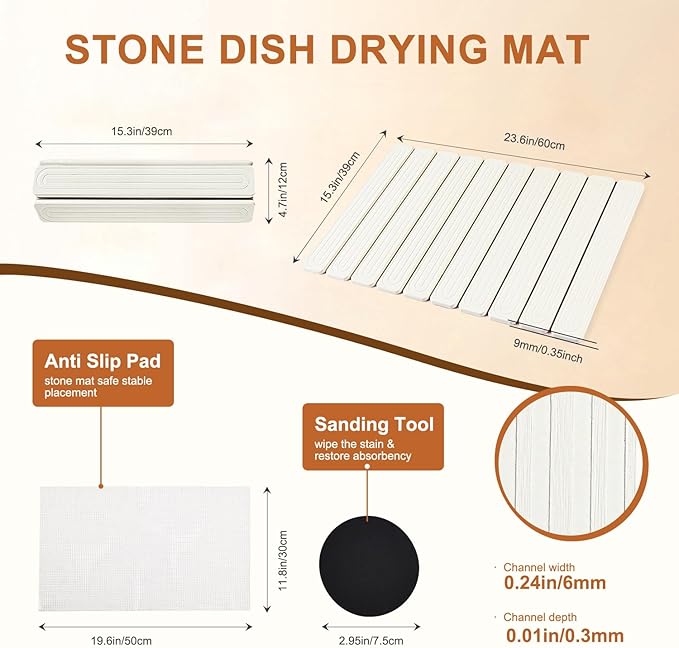Large Stone Dish Drying Mat for Kitchen Counter, 24"x16" Quick Dry Collapsible Diatomaceous Earth Dish Drying Mat, Water Absorbent Drying Mat for Dishes Bottles Cups Bathroom, White with Grooves