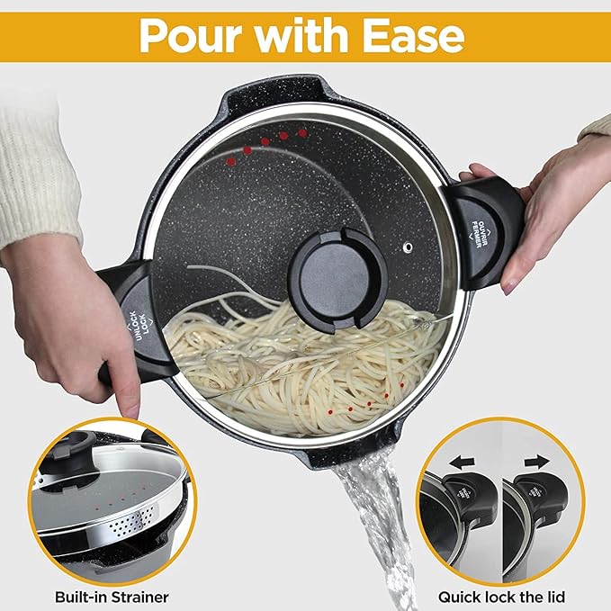 5 Quart Pasta Pot with Strainer Lid, Multipurpose Stock Pot Spaghetti Pot, PFOA free, Three-layer Non-stick coating, Dishwasher Safe, Tempered Glass Lockable Lid, Cast Aluminium, Grey