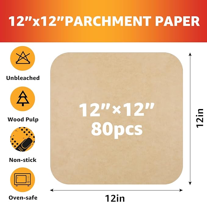 12 inch Air Fryer Parchment Paper Squares, 80 Sheets Unbleached Pre-Cut Baking Disposable Paper Liner for Ninja Foodi Flip S SP101 SP201 SP301 SP351, Cuisinart Toaster Oven