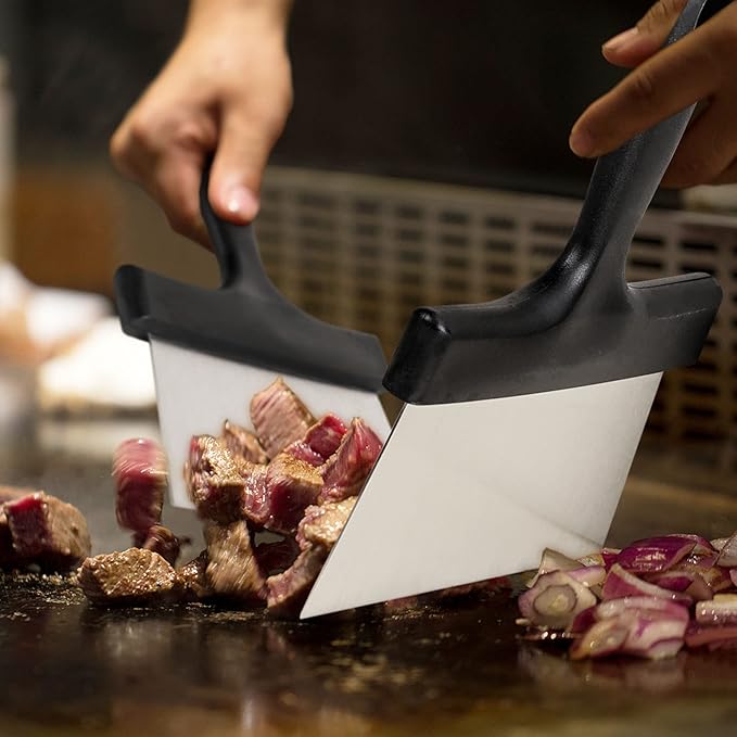 Grill Scraper 2 Pack Stainless Steel Griddle Scraper with 5" Plastic Handle Versatile Food Scraper Tool for Flat Top Teppanyaki BBQ Blackstone Griddle Accessories…