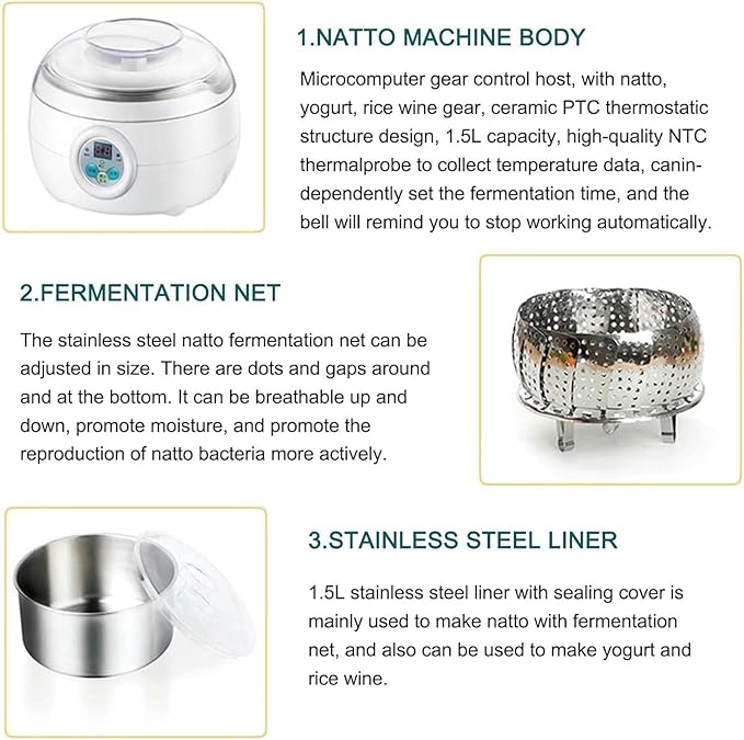 Electric Yogurt Maker - Constant Temperature Control Fermentation Machine with 1.5L Stainless Steel Container for Natto and Rice Wine