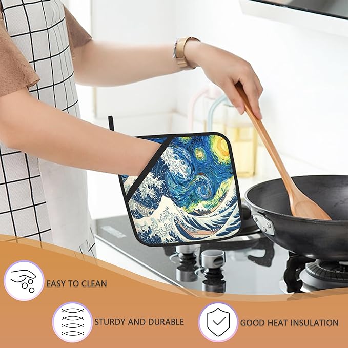 2 Pack Starry Night Great Waves Pot Holders for Kitchen Heat Resistant, Potholders for Kitchens Washable for Cooking & Baking & Microwave