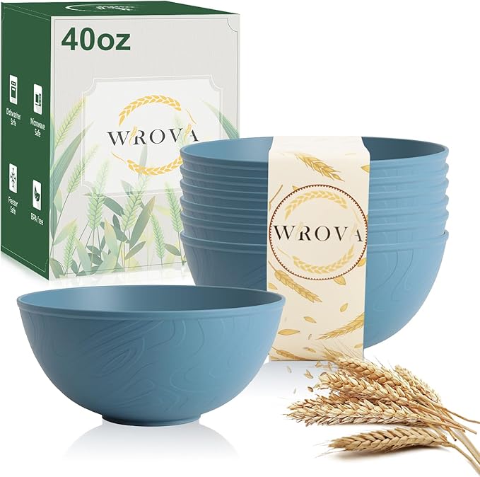 Wheat Straw Salad Bowls for Kitchen set of 6,Anit-Scald Thick Soup Bowls 40oz,Microwave and Dishwasher Safe Bowl set easy to clean. Blue