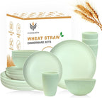 Wheat Straw Dishes Set for 4, Dinnerware Sets 16 piece, Unbreakable Plates, Bowls, Cups Sets for Kitchen Parties Camping RV - Green