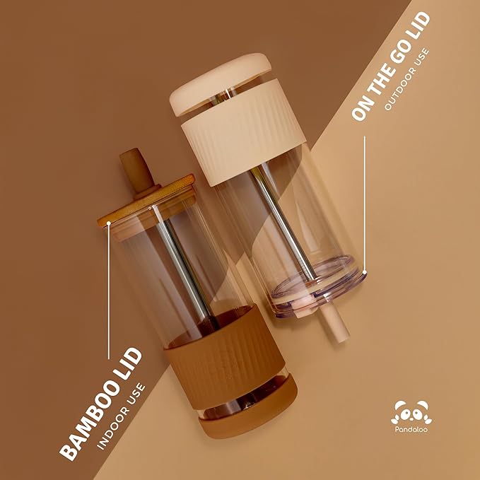 Pandaloo® Glass Cups With Lids and Straws -20 Fl Oz- Perfect Size Iced Coffee Cup - Smoothie Cup With Bamboo Lid and On the go Lid - Glass Tumbler With Straw (2 Count (Pack of 1), Amber Sand)