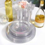 WDF 120PCS Silver Plastic Plates- Disposable Silver Glitter Plates, Premium Heavy Duty 60-10.25" Dinner Plates and 60-7.5" Salad Plates for Parties &Wedding