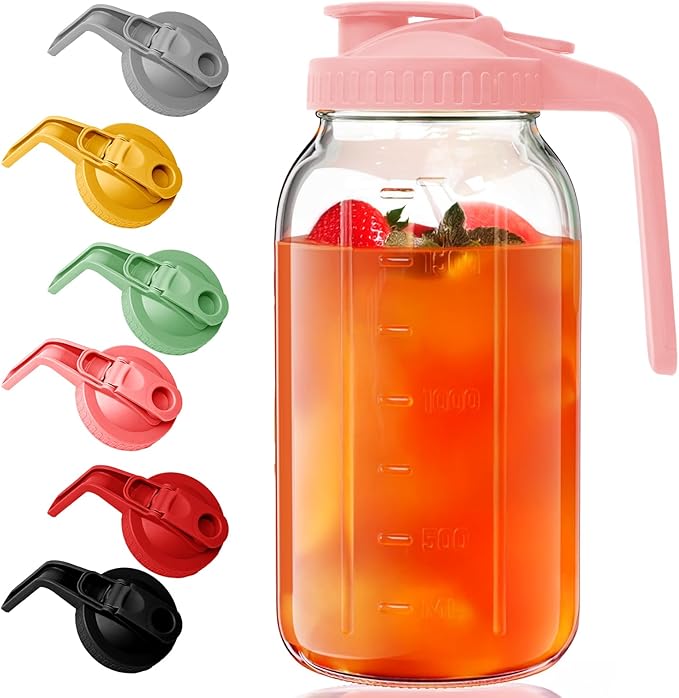 Glass Mason Jar Pitcher - 64 oz/2 Quart Wide Mouth Jug with Lid and Pour Spout, Airtight Seal, Leak Proof Iced Tea Pitcher for Sun Tea, Juice, Breast Milk, Cold Beverages, Coffe
