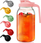 Glass Mason Jar Pitcher - 64 oz/2 Quart Wide Mouth Jug with Lid and Pour Spout, Airtight Seal, Leak Proof Iced Tea Pitcher for Sun Tea, Juice, Breast Milk, Cold Beverages, Coffe