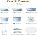 CAROTE 15Pcs Ceramic Cookware Set, Pots and Pans Set Non Stick, Kitchen Cooking Set with Detachable Handle, Non Toxic Induction Cookware, Dishwasher/Oven Safe