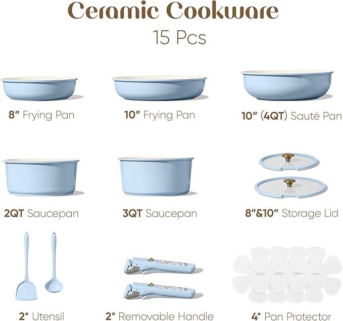 CAROTE 15Pcs Ceramic Cookware Set, Pots and Pans Set Non Stick, Kitchen Cooking Set with Detachable Handle, Non Toxic Induction Cookware, Dishwasher/Oven Safe