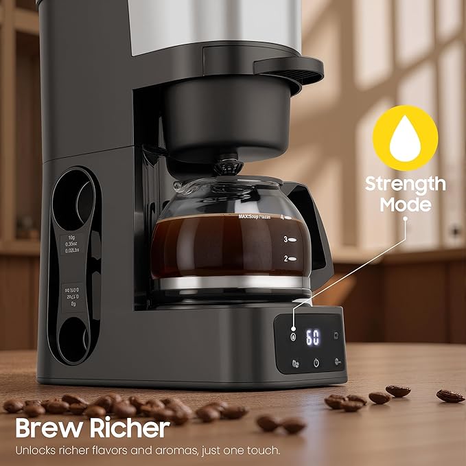 Grind and Brew Coffee Maker,Drip Coffee Maker with Grinder Built In,5-Cup Programmable Coffee Machine with Brew Strength,Warming Plate and Multiple Grind Levels for Home & Office