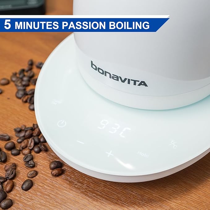 Bonavita Cosmopolitan 1.0L Gooseneck Electric Kettle, Stainless Steel Water Boiler for Coffee Brew and Tea Precise Pour Control, 6 Preset Temps, Glass Touch Panel, 1200W Fast Boil, White