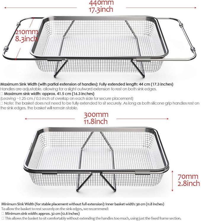 Extendable Dish Rack with Feet, Vegetable Colander Basket, Stainless Steel Dish or Silverware Drying Rack, Ultimate Kitchen Organizer Over The Sink (11.81 x 8.27 x 2.76 Inches)