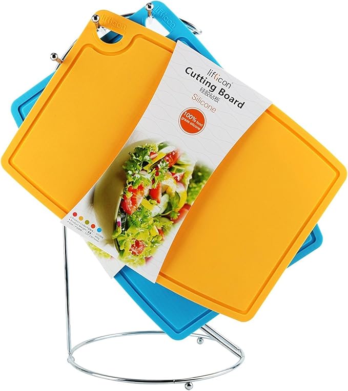 Thick Silicone Cutting Board 12.6'' x 9.1'' Juice Grooves Easy Grip Handle Dishwasher Safe-Yellow