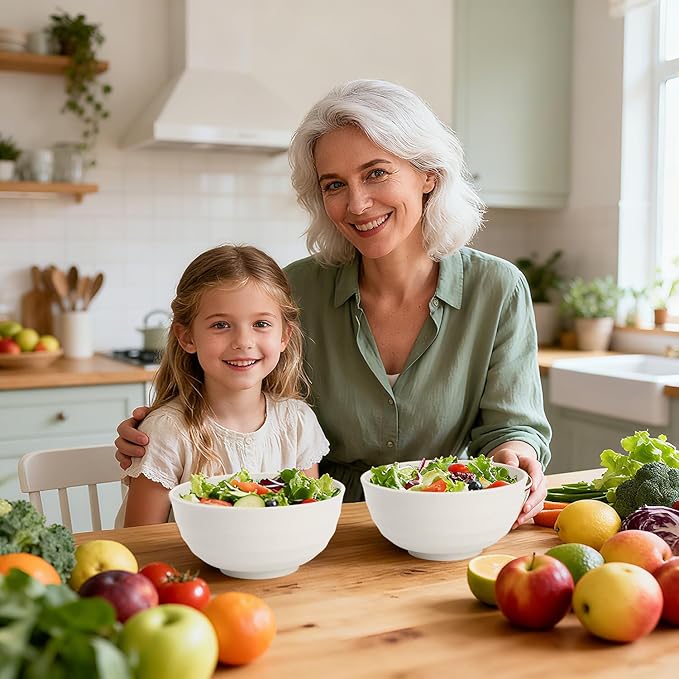 Large Salad Bowl, Wheat Straw Bowls Set 60 OZ, Unbreakable Big Bowls Set of 6, Large Serving Bowls for Kitchen, Cereal, Ramen, Soup, Microwave & Dishwasher Safe, White
