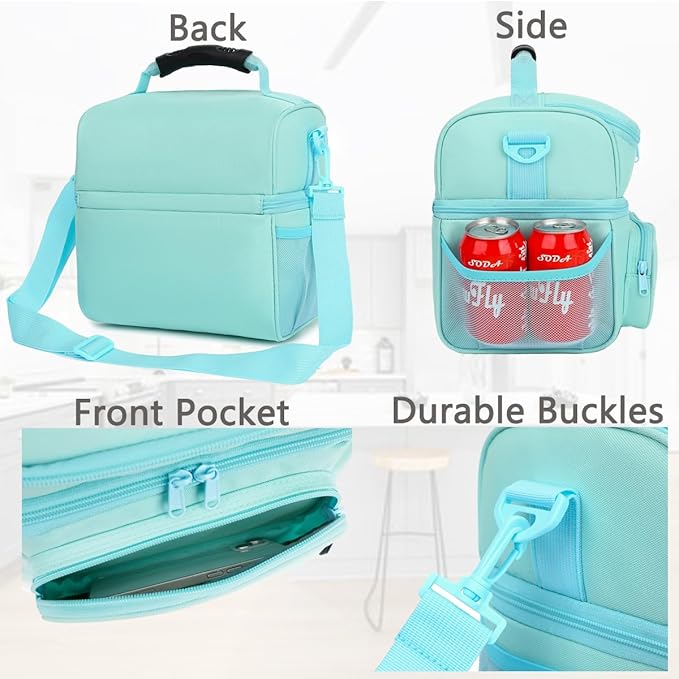 FlowFly Double Layer Cooler Insulated Lunch Bag Adult Lunch Box Large Tote Bag for Men, Women, With Adjustable Strap,Front Pocket and Dual Large Mesh Side Pockets