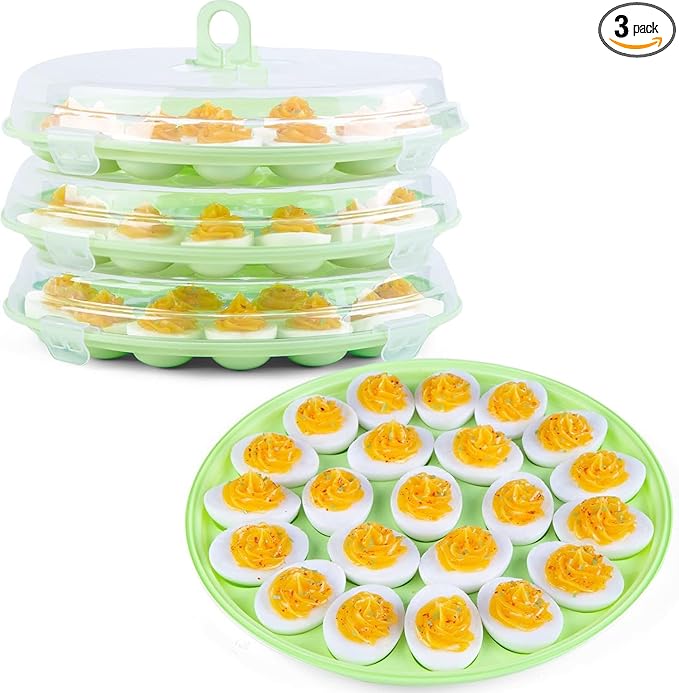 HANSGO Deviled Egg Containers with Lid, 3PCS Deviled Egg Platter Carrier Holder Trays with 66 Slots for Party and Home Kitchen, Green