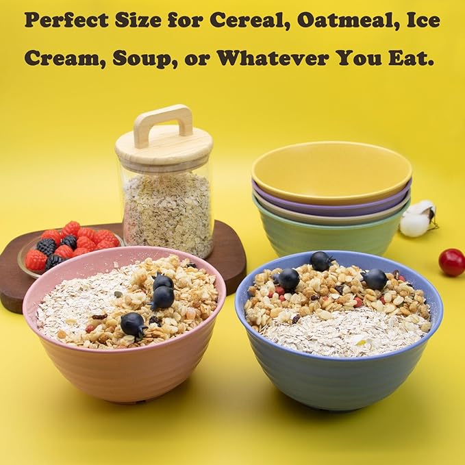 Cereal Bowls Set, 37oz Unbreakable Wheat Straw Bowls Set, 6 Pcs Reusable Plastic Soup Bowls, Deep Lightweight Bowl Sets