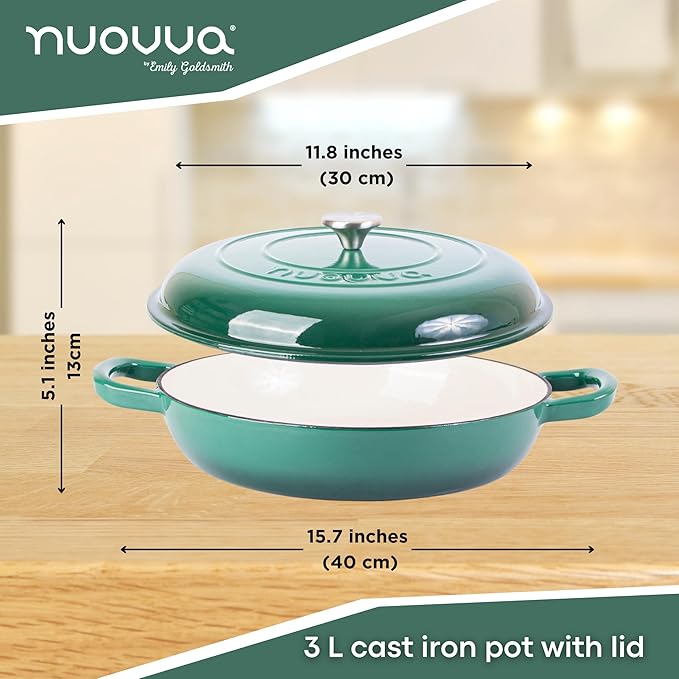 Shallow Cast Iron Casserole with Lid – Non Stick Dutch Oven Pot, Oven Safe up to 500° F – Sturdy Ovenproof Stockpot Cookware – Enamelled Cooking Pot – Dark Green, 3.7-Quart, 30cm – by Nuovva