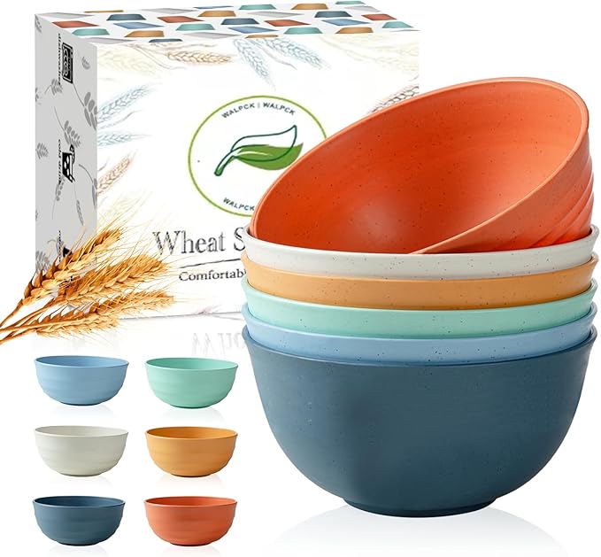 Wheat Straw Bowls Set of 6/12, Unbreakable Lightweight Bowls Set - Microwave & Dishwasher Safe, Reusable for Serving Soup, Oatmeal, Ramen & Salad (6, 26 oz)