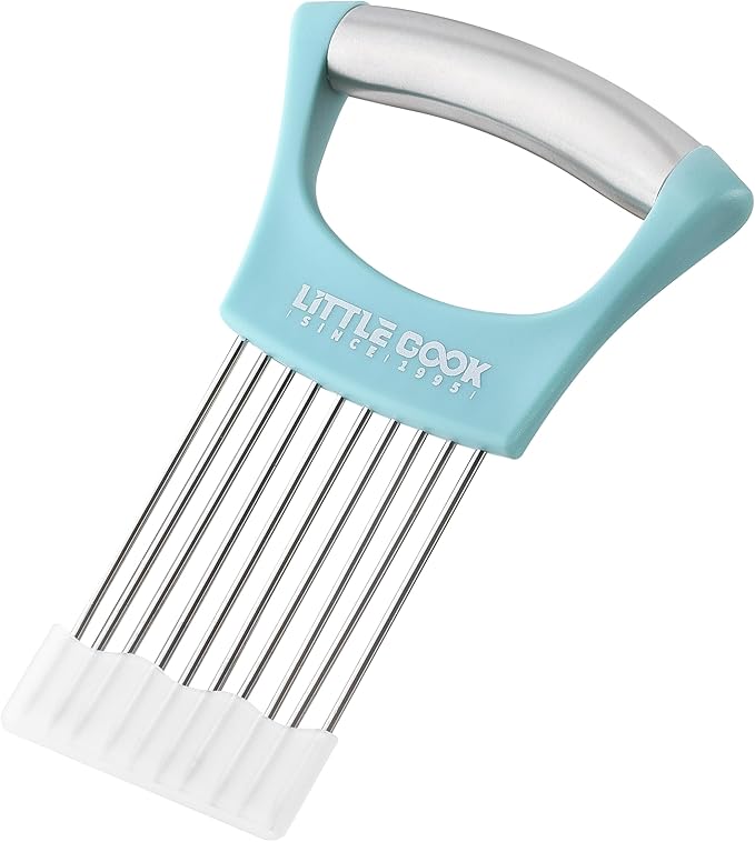 Onion Slicer Cutter, Little Cook Stainless Steel Onion Holder for Slicing and Storage of Onions, Avocados, tomato, Eggs, Dishwasher Safe, Protective Cover Included (Stylish Peapock blue)