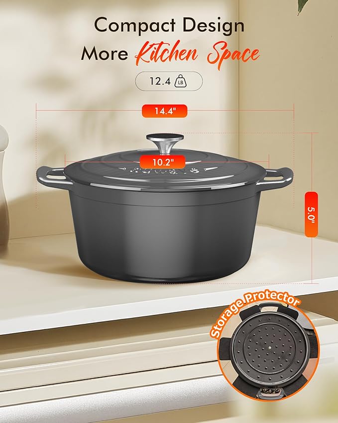 Nuwave 6QT Healthy Enameled Cast Iron Dutch Oven Pot with Lid, Heavy Duty 7-Layer Enamel, Enhanced Rust Protection, Dual Handles, Oven Safe to 500°F for Sourdough Bread Baking, Braise, Stew, Roast