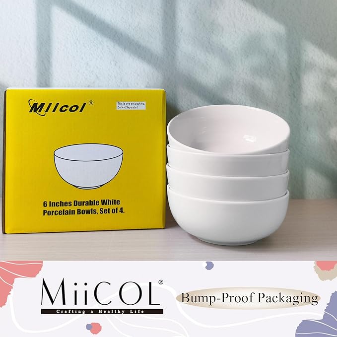 Miicol 6 Inch Ceramic Cereal Bowl, 20 oz White Small Bowls Set of 4, Tableware Suitable for Soup and Rice, Microwave and Dishwasher Safe