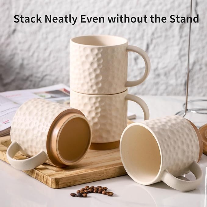 Nihow Ceramic Coffee Mug Set of 4, 16OZ Stackable Coffee Mug Set with Stainless Stand,Large Cup Set for Cappuccino,Tea,Hot/Cold Drinks,Dishwasher & Microwave Safe,Matte White