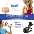 Kodrine Water Bottle with Straw, 24 oz Glass water Bottle with 2 Lids Bamboo Straw Lid and Spout Lid with Handle, 32 oz Clear Water Bottle Glass for Sports Travel, Waterbottle with Time Marker