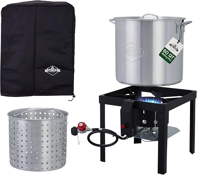 Hike Crew 60QT Outdoor Boiling Kit with Igniter| 110,000 BTU Seafood Boiler Set for Steaming or Cooking Fish, Crawfish, Crab & More | Includes Pot, Lid, Strainer, Burner Stand and Storage Cover