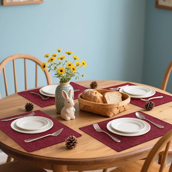 Homaxy Cloths Placemats for Dining Table Set of 8, Heat Resistant Washable Cotton Linen Blend Table Mats, Easy to Clean Place Mats for Indoor Outdoor Party Kitchen Decoration, 13" x 19", Red