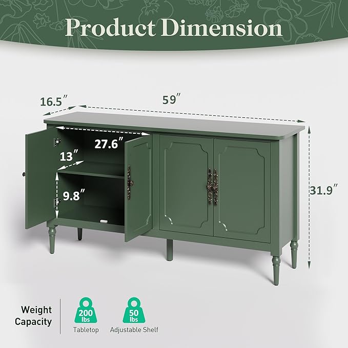 Console Cabinet, 58'' Mid Century Modern Pantry Cabinet, Wood Buffet Cabinet, Media Cabinet with 4 Doors, for Entryway, Living Room, Bedroom, Dining Room (Green)