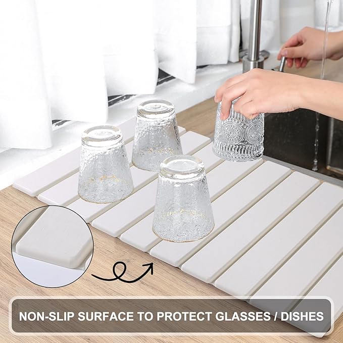 Large Stone Dish Drying Mat for Kitchen Counter – Foldable, Quick Dry, Ultra Absorbent Diatomaceous Earth Mat for Dishes, Bottles, Cups, Countertops & Bathroom, 24"×16" (White)