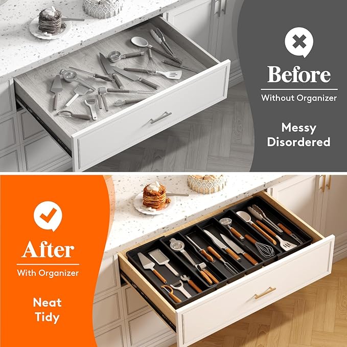 Lifewit Utensil Kitchen Drawer Organizer, Expandable from 18 to 30 inches, Plastic Cooking Cutlery Silverware Tray, Adjustable Spatula Holder, Flatware Tools Gadgets Storage Divider, XXL,Black