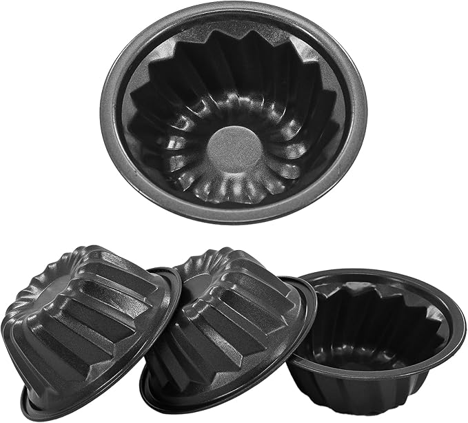 4 Inch Nonstick Mini Bundt Cake Pan Set, Carbon Steel Fluted Baking Molds for Cupcake, Muffin, Brownie, Pudding - Black (4 - Piece)