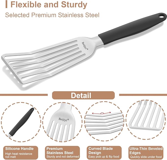Beijiyi Fish Spatula Stainless Steel, 13.5" Large Metal Fish Spatula for Cast Iron Skillet Cooking and Grilling, Kitchen Slotted Turner with Full Tang Silicone Handle and Curved Blade
