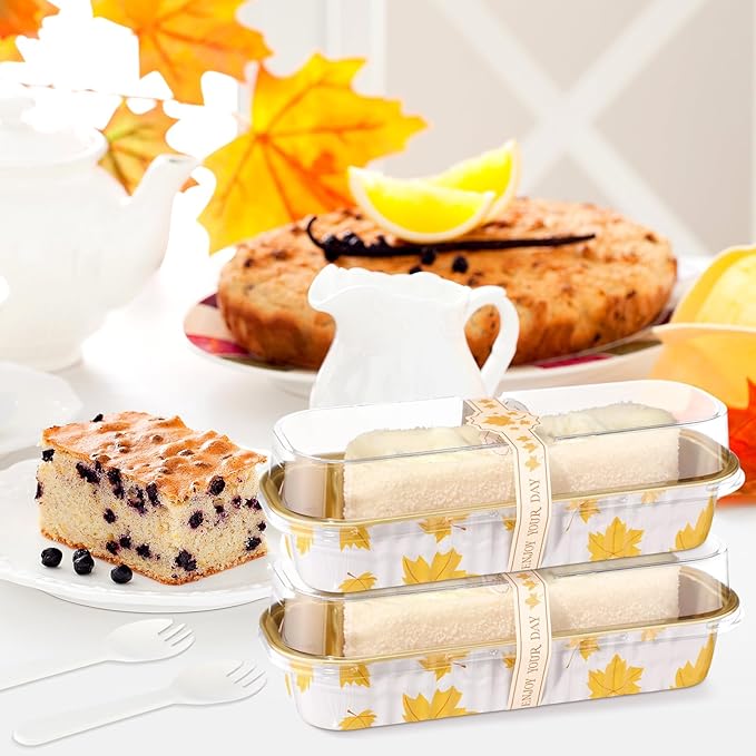 Tioncy 50 Pcs Autumn Themed Mini Pink Loaf Pans with Lids Spoons Sticker Maple Leaf 6.8oz Disposable Rectangle Aluminum Foil Baking Pans Muffin Cupcake Cups for Picnics Fall Birthday Party Supply