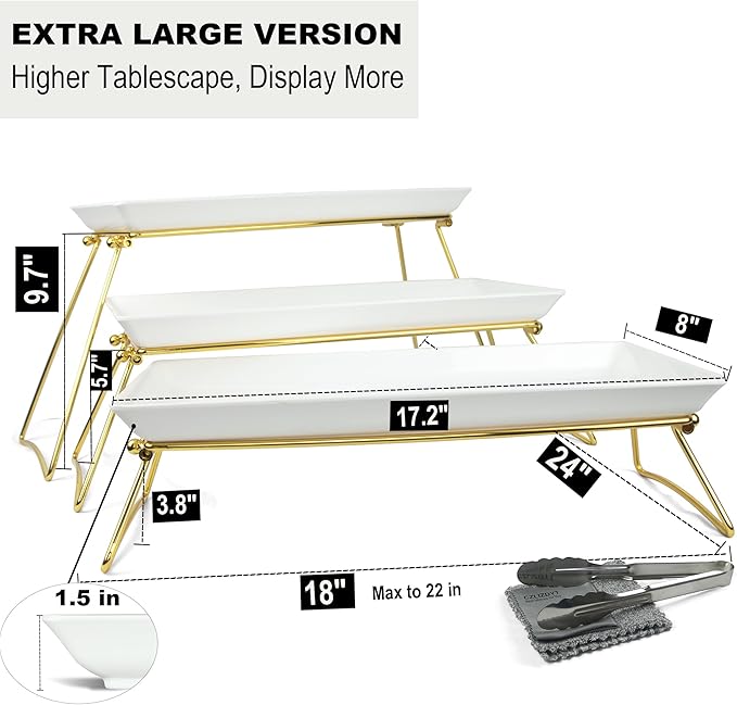 Extra Large 3 Tier Serving Tray Set, 24x22x9.7 inch Cupcake Fruit Cookie Dessert Table Display Stands Melamine Tiered Platters Food Trays for Party Buffet Entertaining, Gold